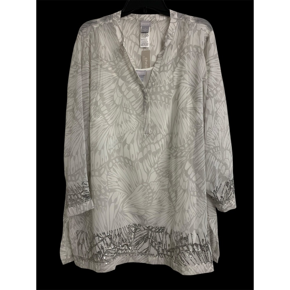 NWT Chicos Butterfly Wing Print Sequin Tunic Top Gray White  4 US 20/22 Plus New